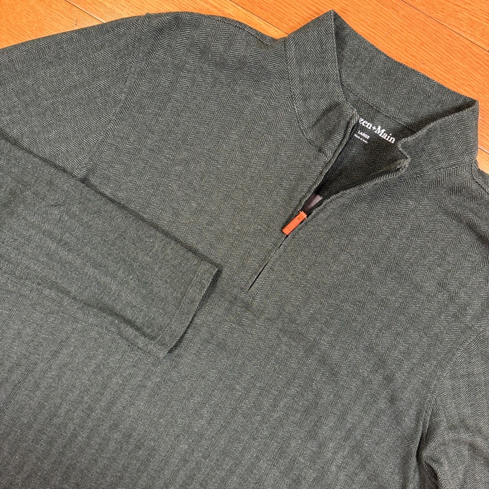 Mizzen+Main Men Large Green Herringbone Quarter Zip Pullover Sweater